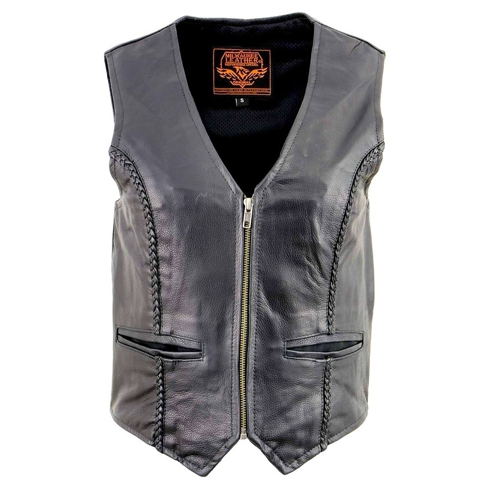 Milwaukee Leather - Black Leather Hide With Braided Trim Zip Up Vest Size XS